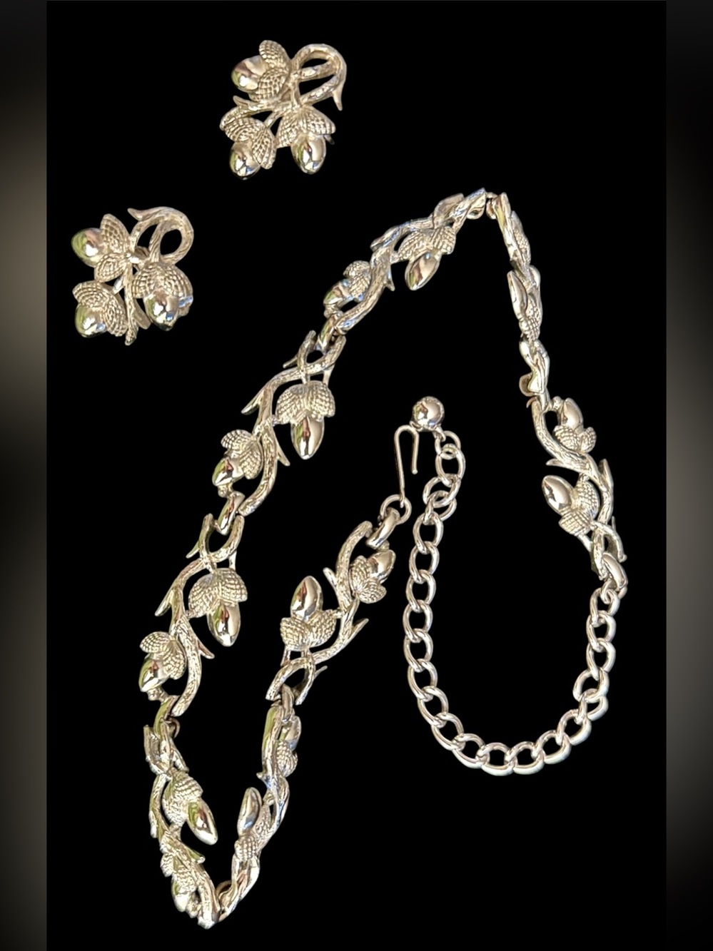 Signed CORO Silver Acorn Necklace and Earrings Set - Elegant Demi Parure